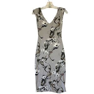 Cushnie Et Ochs Floral Gray Sleeveless Dress Deep V Midi Stretch Bodycon sz XS
